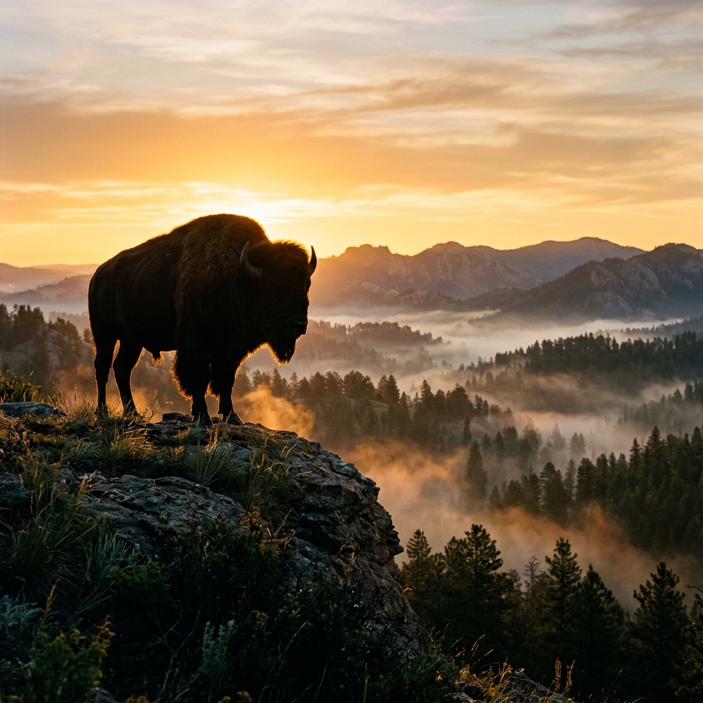 Lone buffalo silhouette at dawn