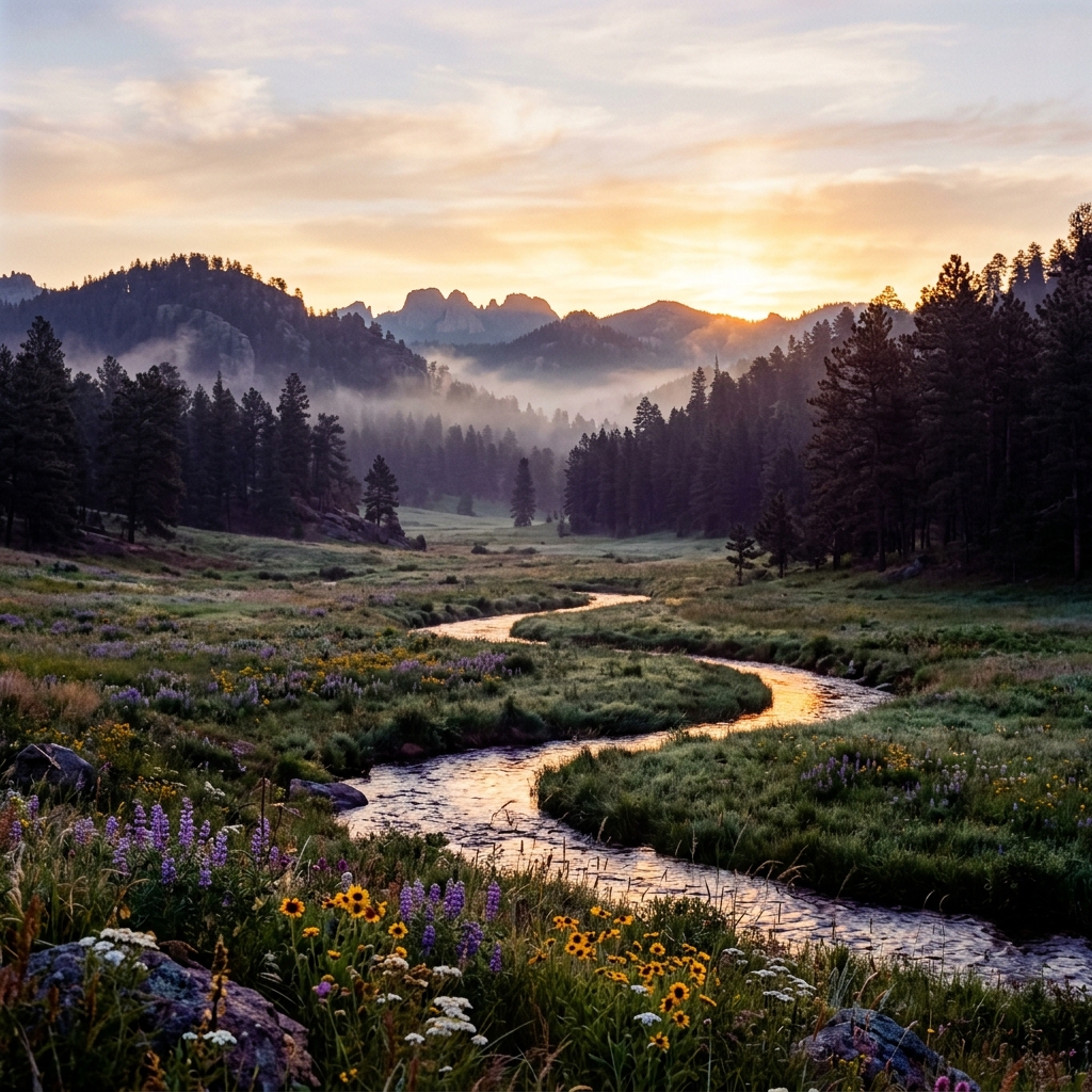 Sacred mountain valley at dawn