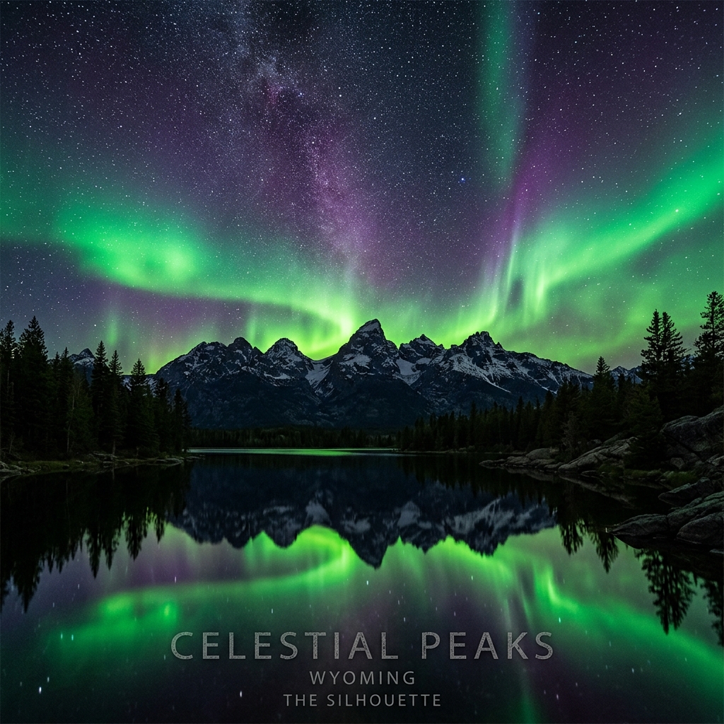 Mountain peaks under aurora borealis