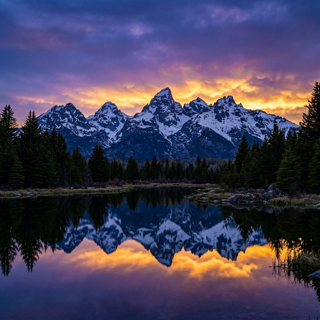 Grand Tetons reflected in alpine lake