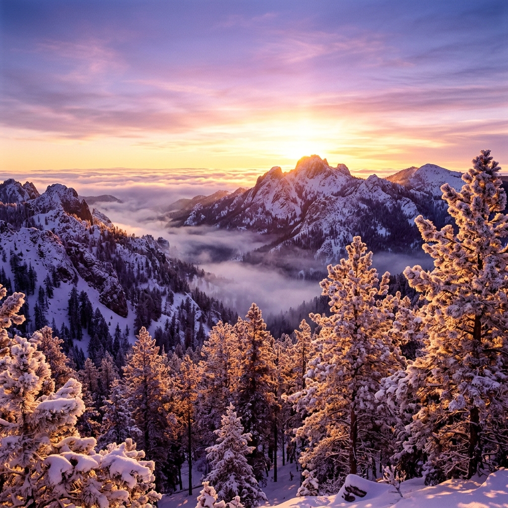 Snowy mountain sunrise