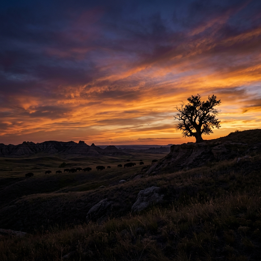 Sacred Ancestor — Great Plains sunset with buffalo silhouettes and ancient tree