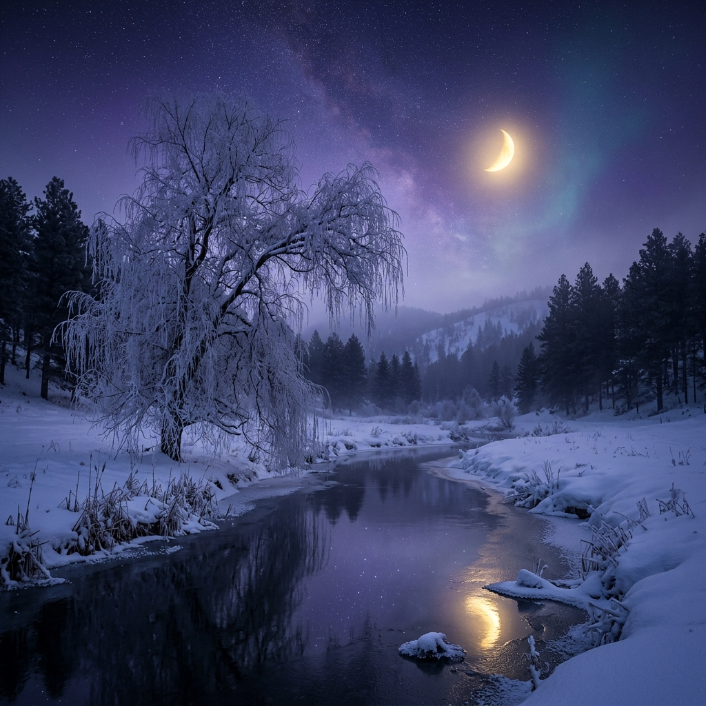 Frosty willow under moonlit purple sky — Winter Willow